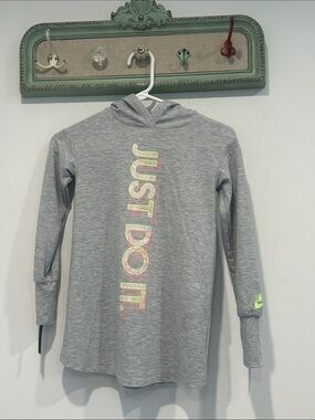 Nike Gray Hooded Long-Sleeve Top with Neon 'Just Do It' bubbles Graphic 5 new
